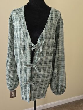 Live Unlimited London Light Mint Green Plaid Tie-Front Blouse